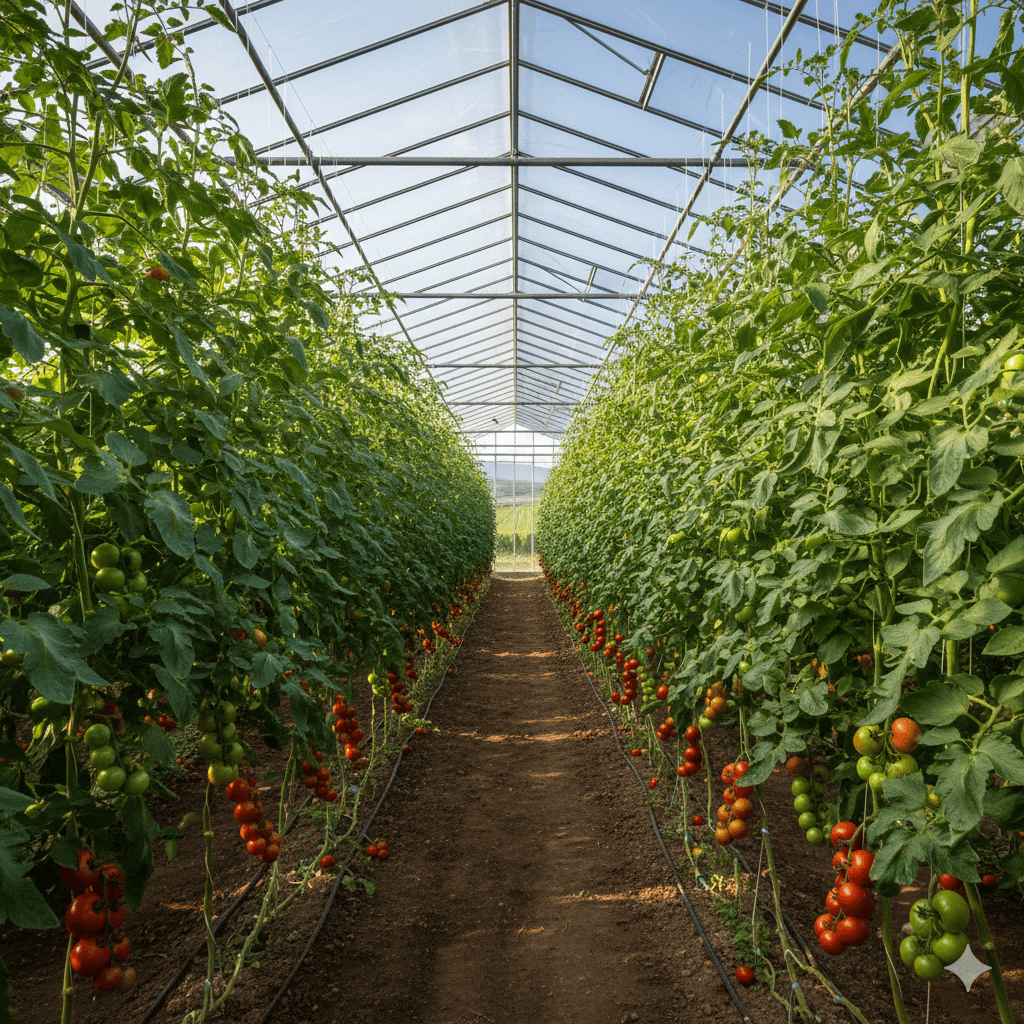 Inside a sunlit Agrios Verde greenhouse with rows of healthy tomato plants
